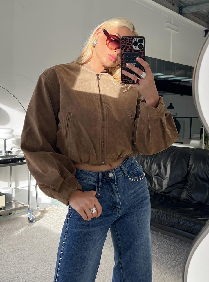 Amanda | Women’s cropped faux suede bomber jacket with zip front and cuffed hem