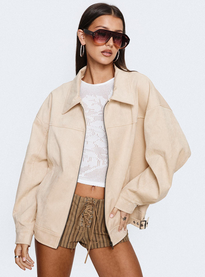 Bea | Women’s oversized faux suede bomber jacket with zip front and buckle detail