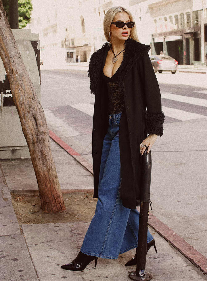 Einna | Women’s long faux suede coat with lapel collar and button front