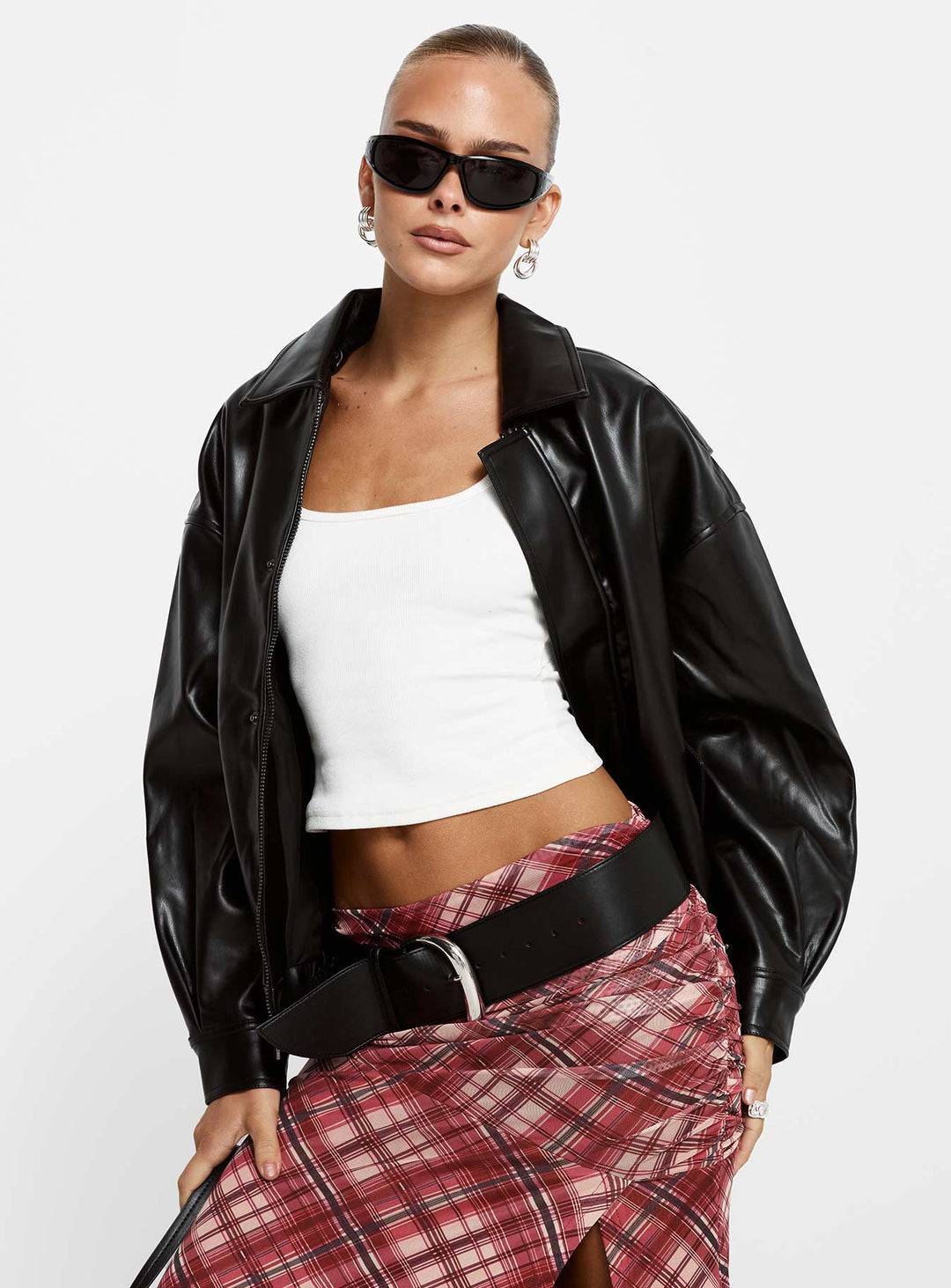 Nicole | Women’s oversized faux leather bomber jacket with button detail