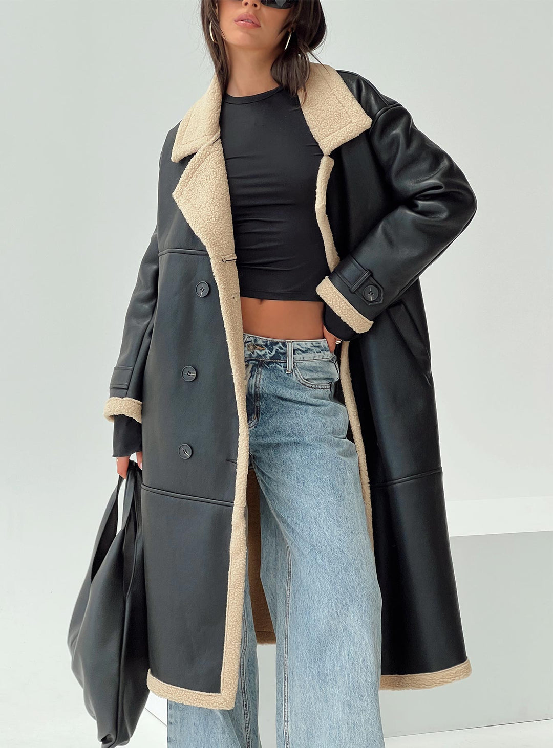 Harley | Women’s longline coat with lapel collar and shearling detail