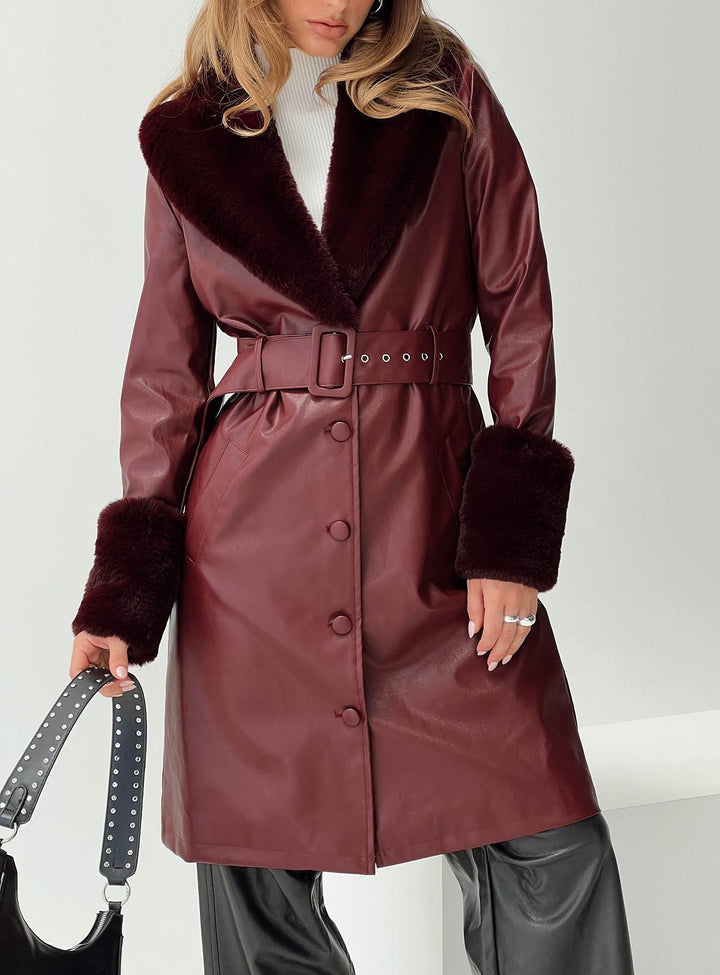 Abigail | Women’s longline coat with faux fur trim and removable waist belt