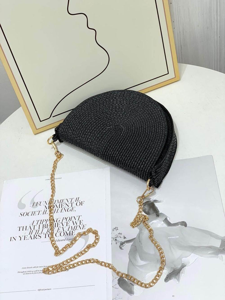 Ronna | Women’s woven half-moon crossbody bag with chain strap