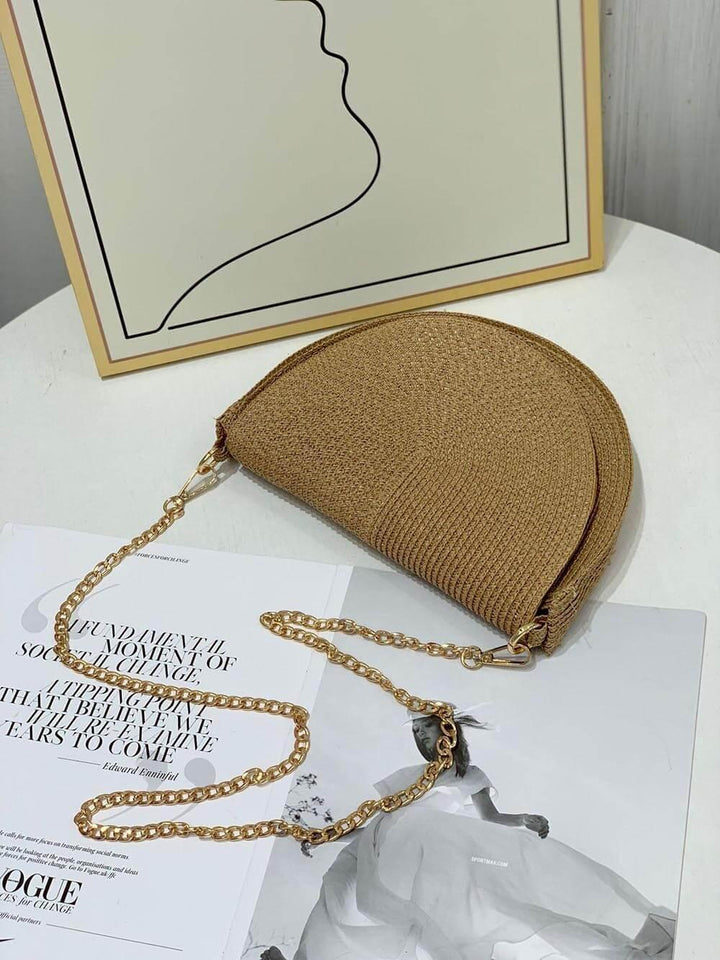 Ronna | Women’s woven half-moon crossbody bag with chain strap