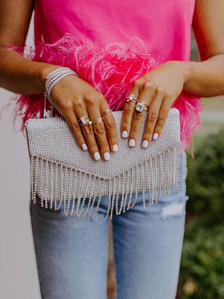 Susie | Women’s crystal beaded clutch bag with fringe detail