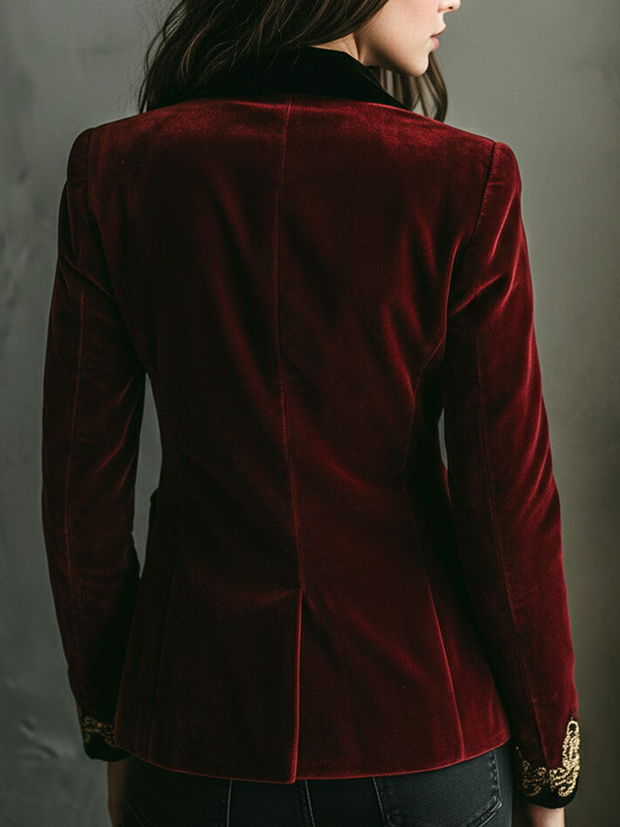 Elodie | Women’s velvet blazer with gold embroidery and black collar