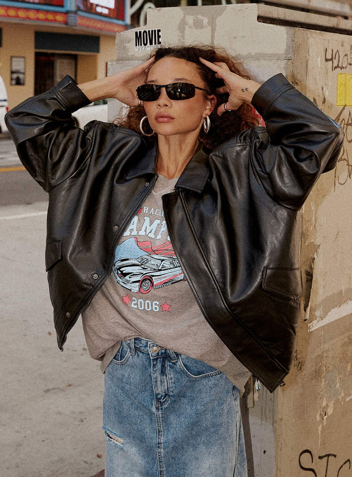 Nicole | Women’s oversized faux leather bomber jacket with button detail