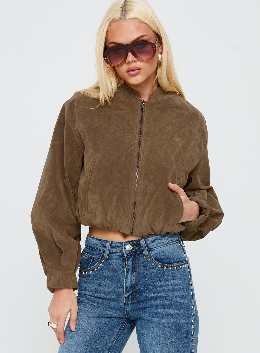 Amanda | Women’s cropped faux suede bomber jacket with zip front and cuffed hem