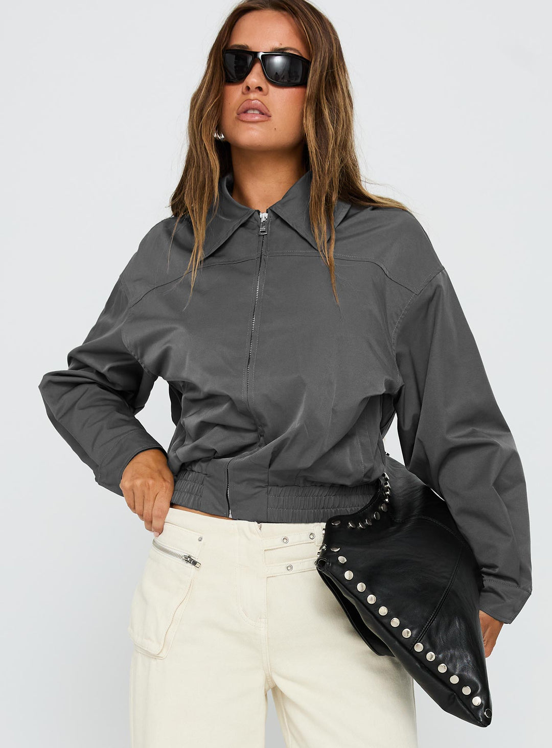 Jean | Women’s oversized bomber jacket with zip front and ribbed waistband