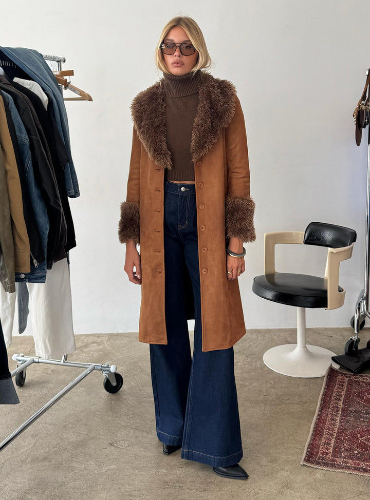 Kylie | Women’s long faux suede coat with lapel collar and button fastening