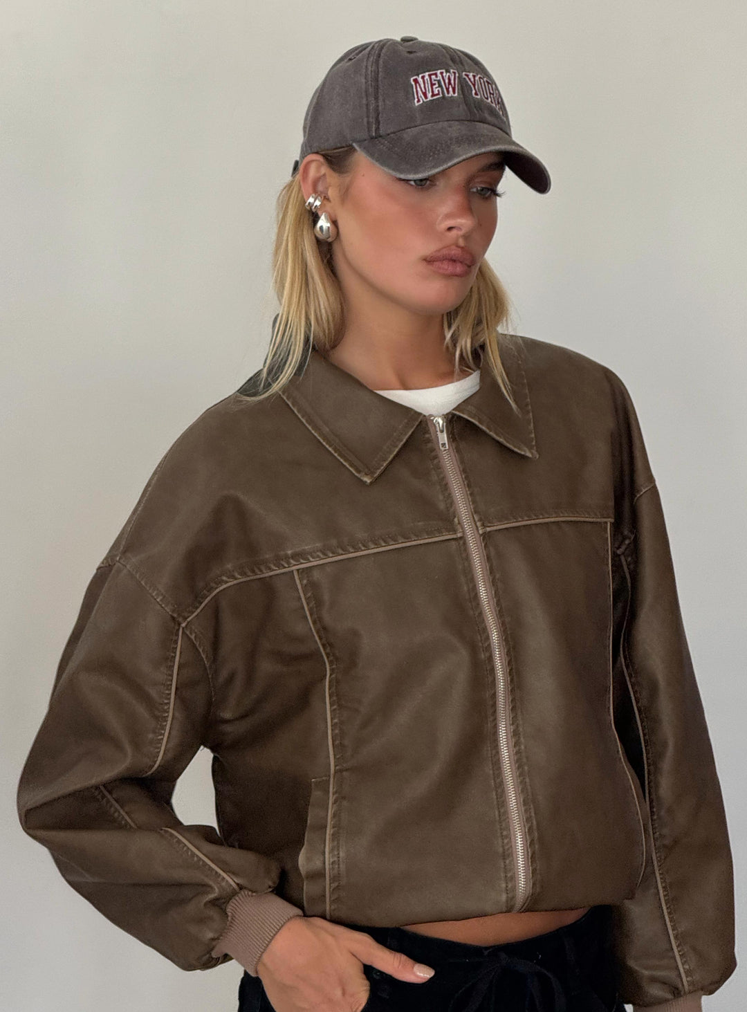 Avria | Women’s dark washed faux leather zip bomber jacket
