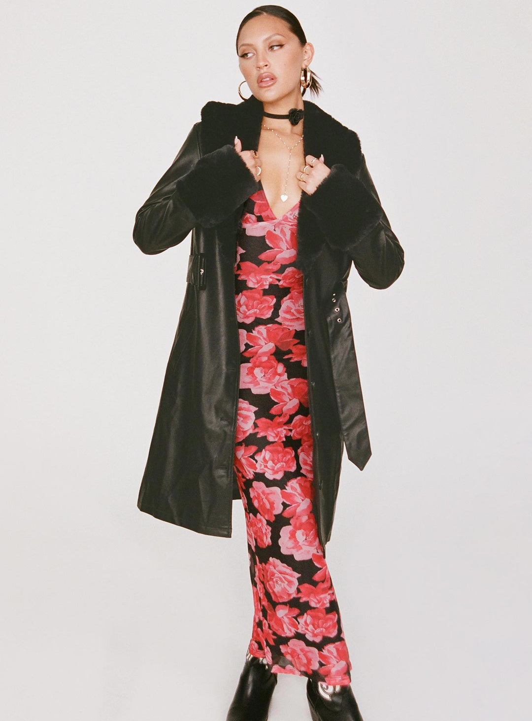 Kyla | Women’s long vegan leather coat with faux fur trim and waist belt