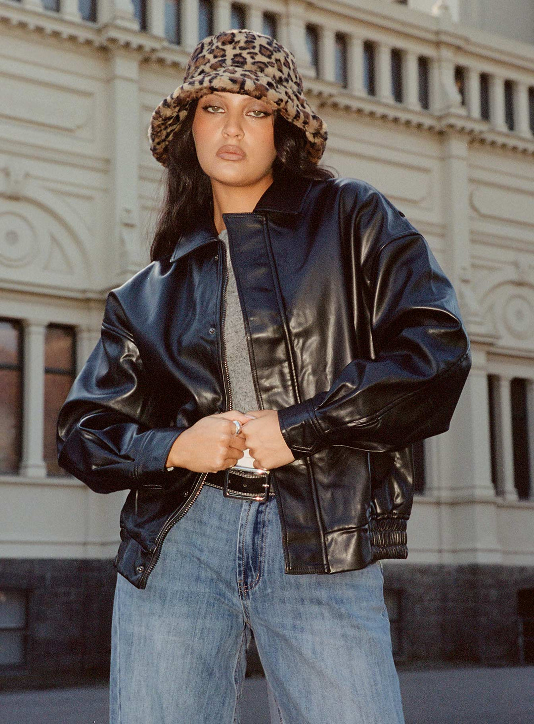 Nicole | Women’s oversized faux leather bomber jacket with button detail