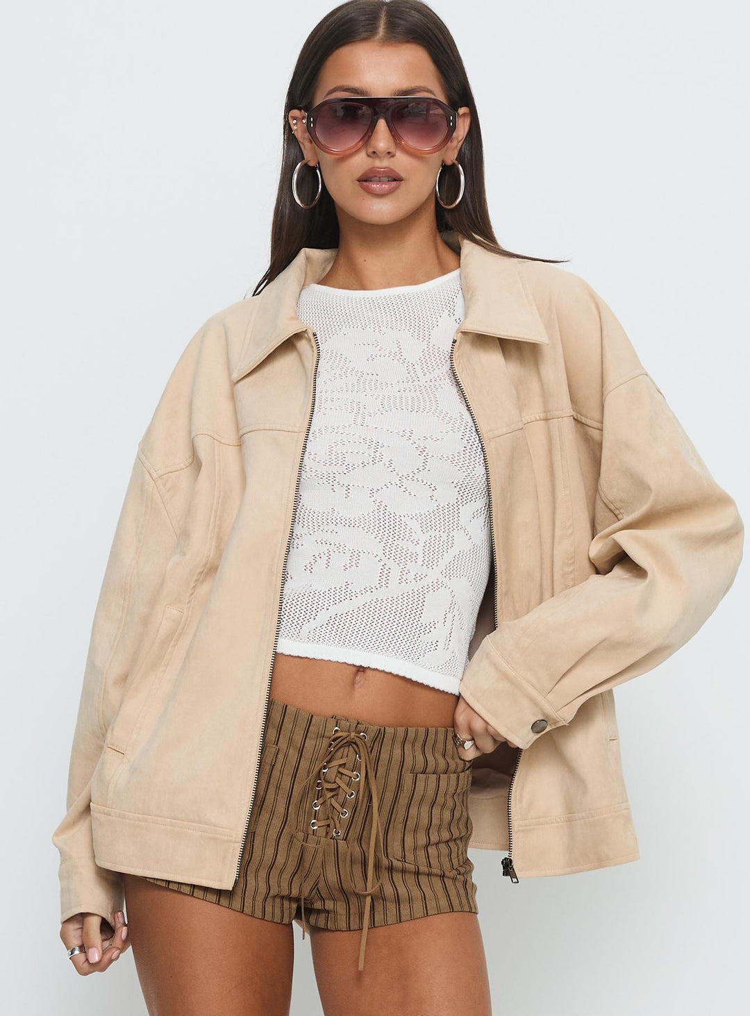 Bea | Women’s oversized faux suede bomber jacket with zip front and buckle detail