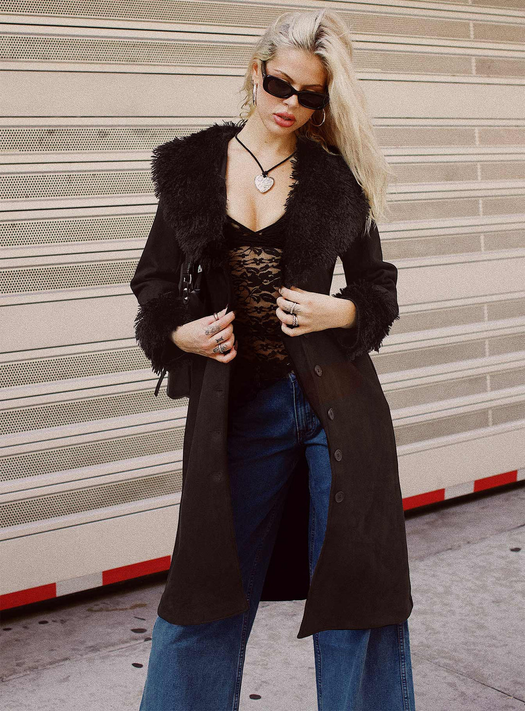 Einna | Women’s long faux suede coat with lapel collar and button front