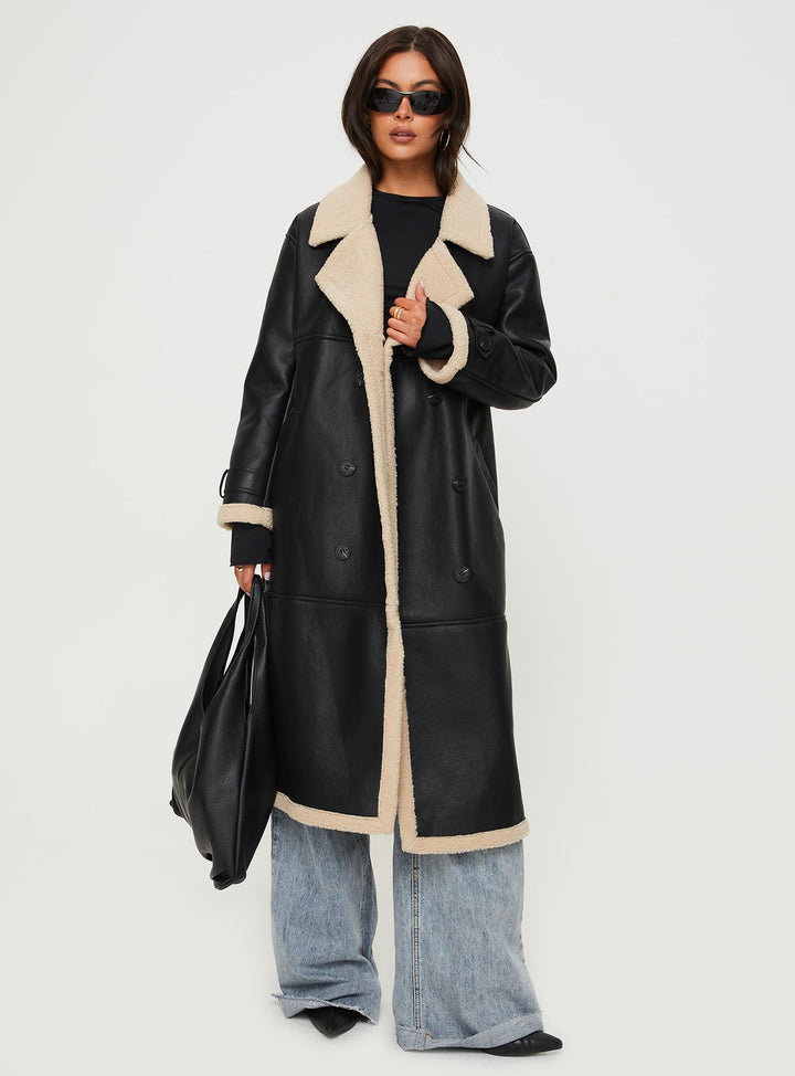Harley | Women’s longline coat with lapel collar and shearling detail