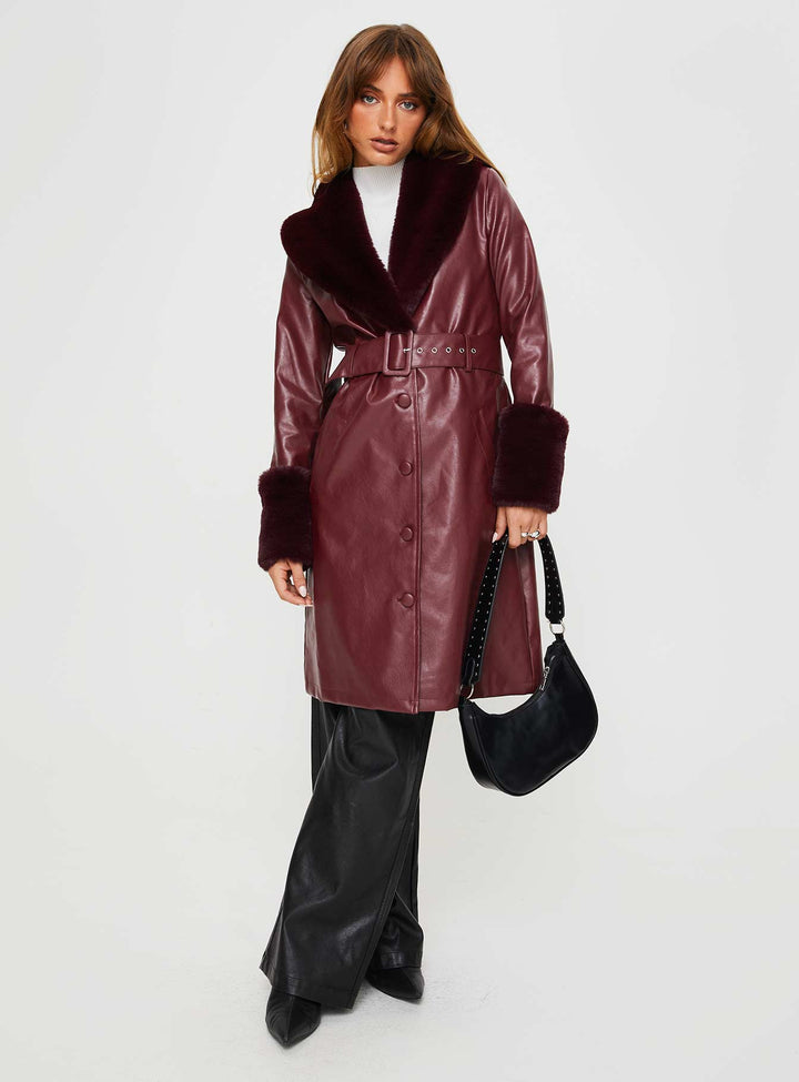 Abigail | Women’s longline coat with faux fur trim and removable waist belt