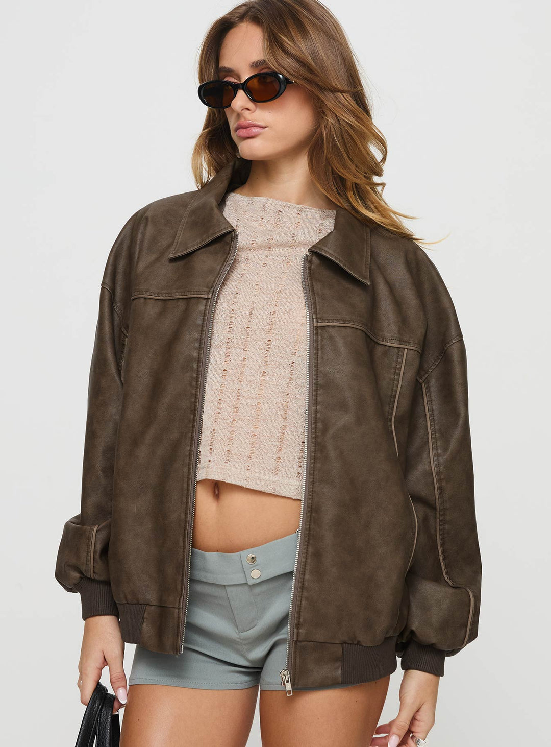 Avria | Women’s dark washed faux leather zip bomber jacket