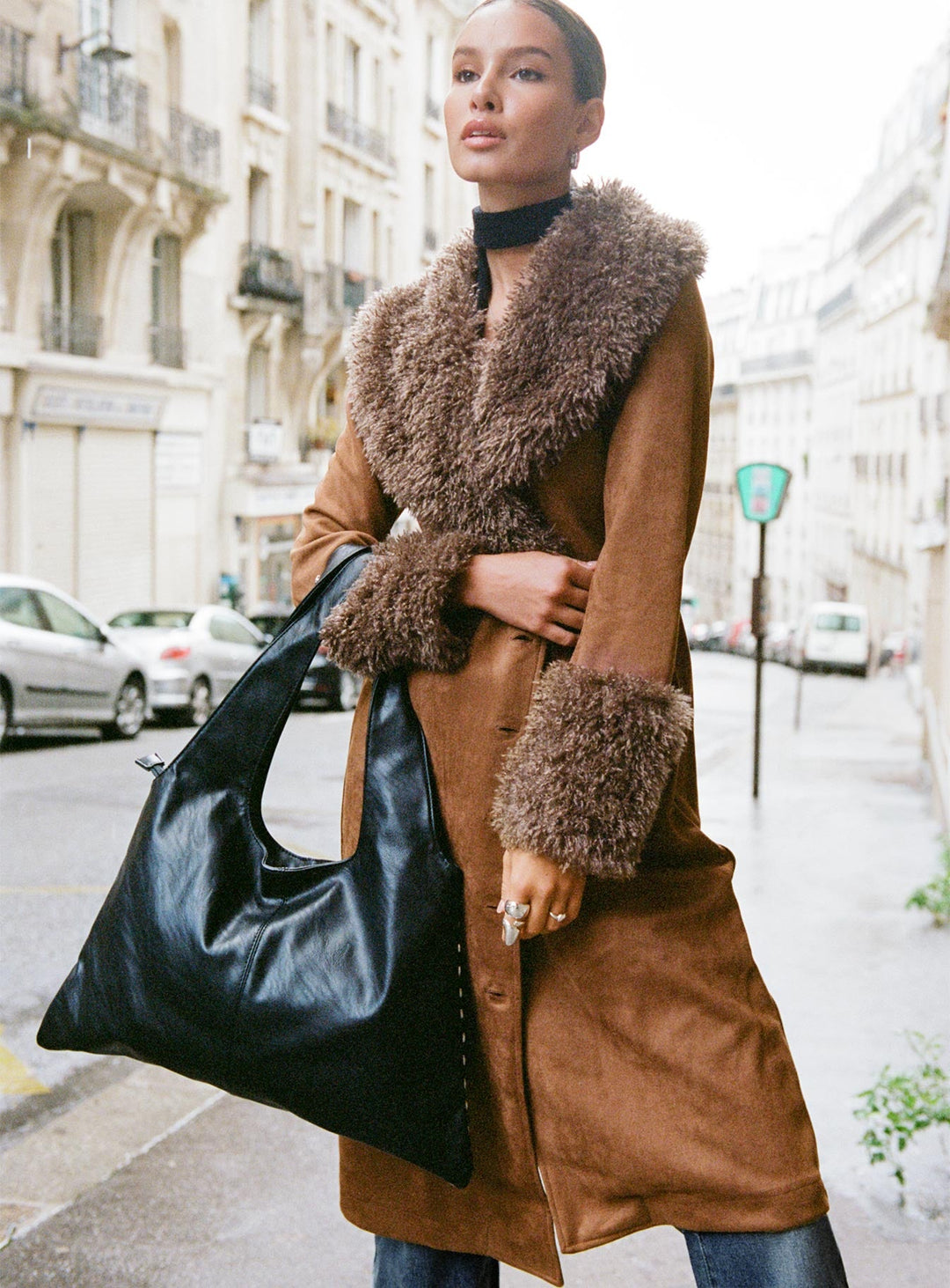 Kylie | Women’s long faux suede coat with lapel collar and button fastening