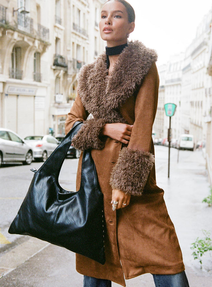 Kylie | Women’s long faux suede coat with lapel collar and button fastening