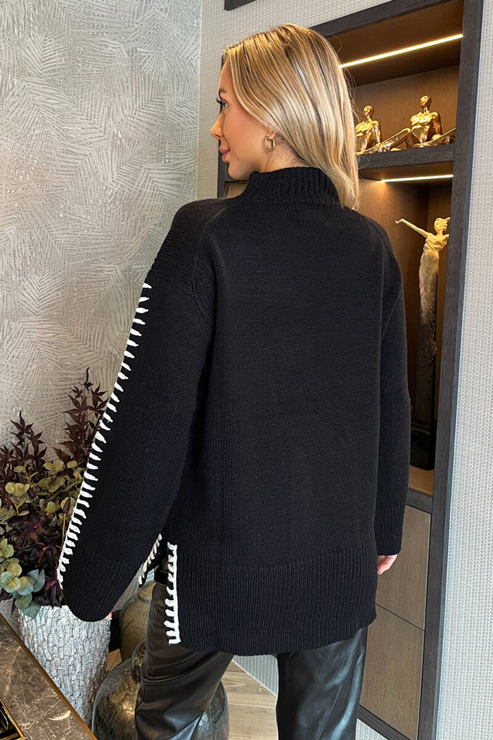 Kristel | Women’s mock neck blanket stitch detail knitted sweater