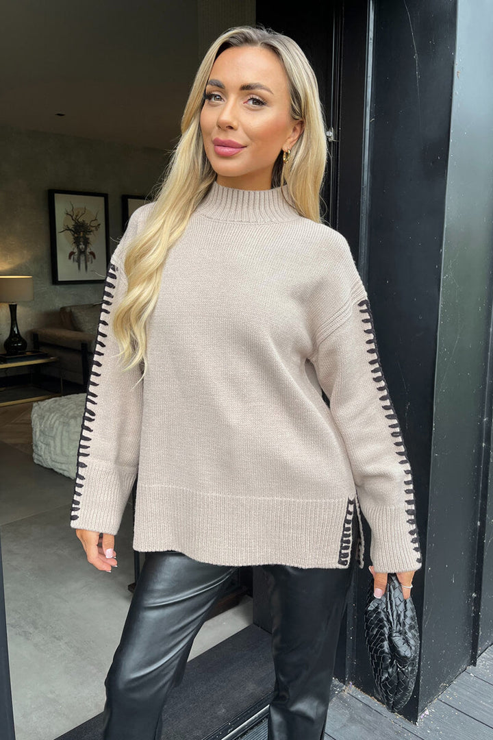 Cecile | Women’s mock neck blanket stitch detail knitted sweater