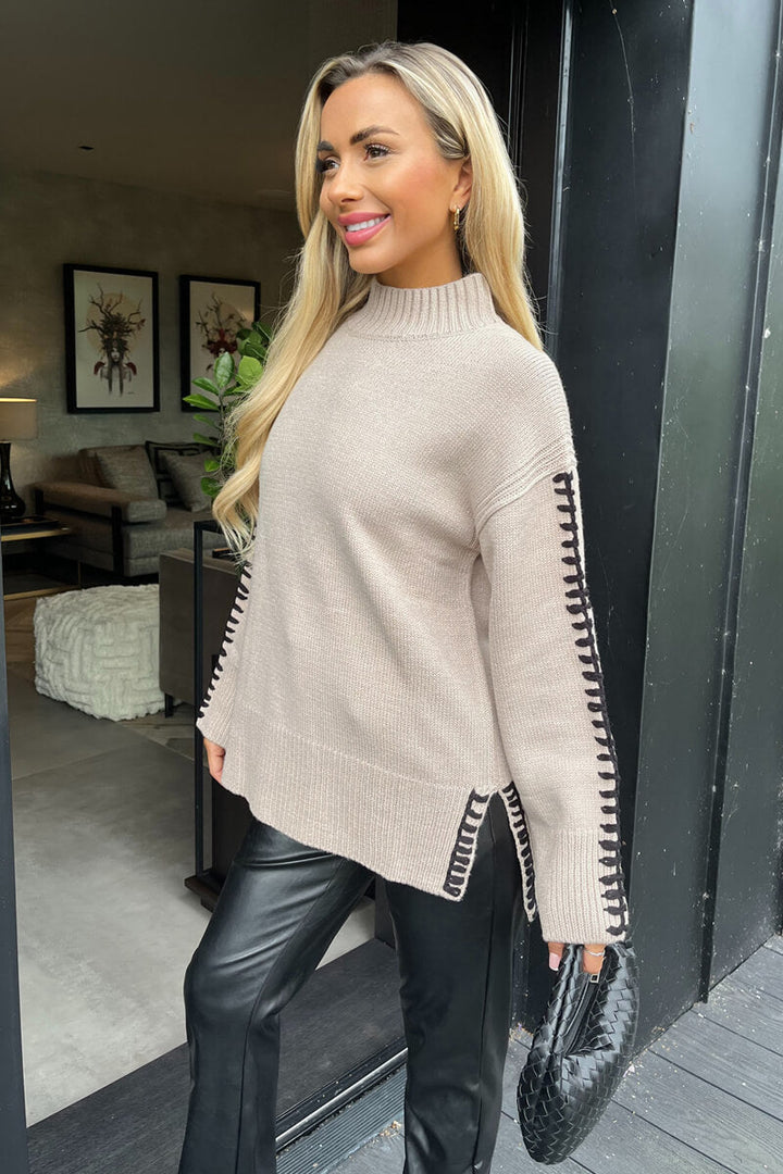 Cecile | Women’s mock neck blanket stitch detail knitted sweater