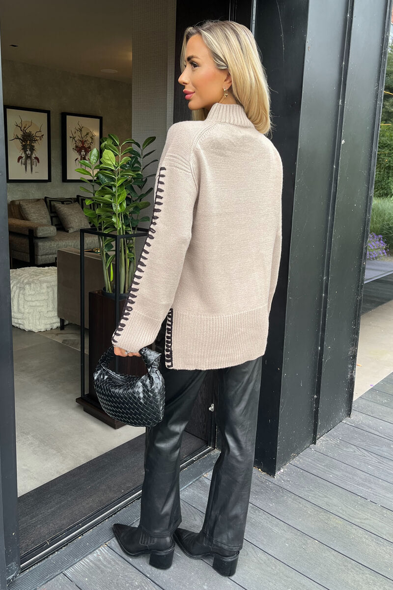 Cecile | Women’s mock neck blanket stitch detail knitted sweater