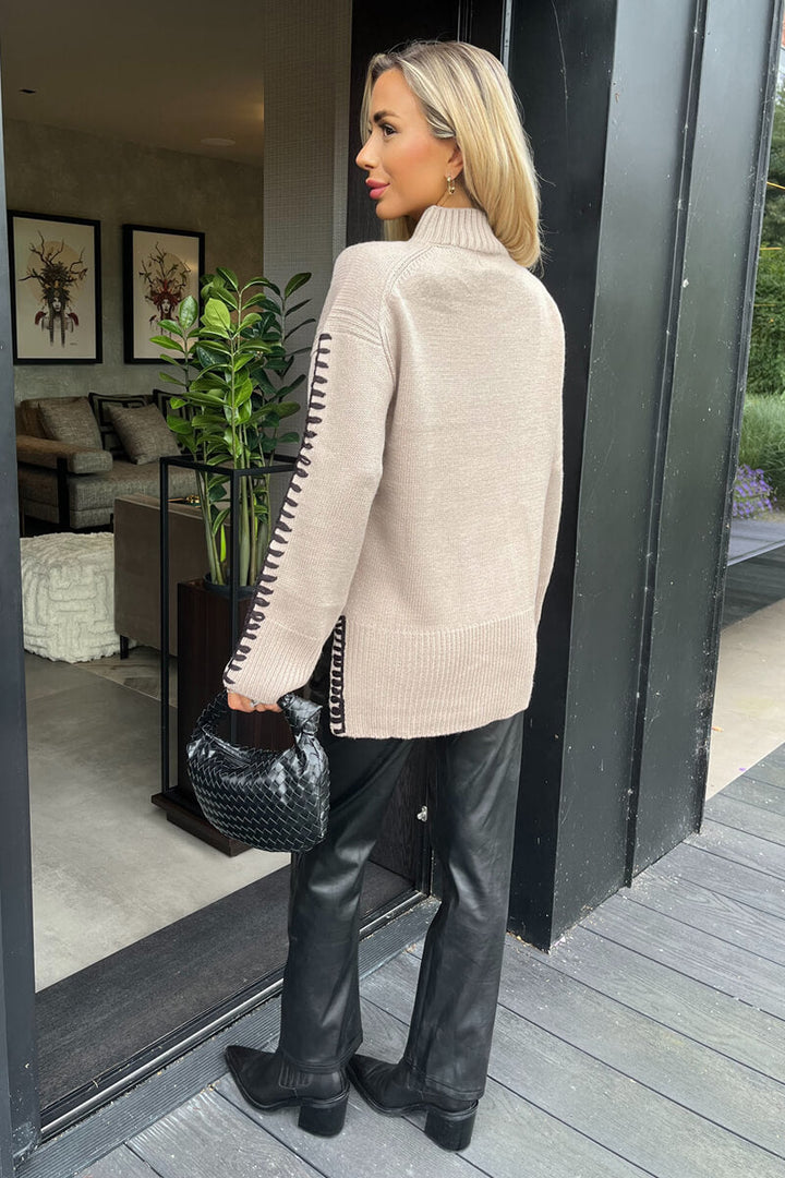 Cecile | Women’s mock neck blanket stitch detail knitted sweater