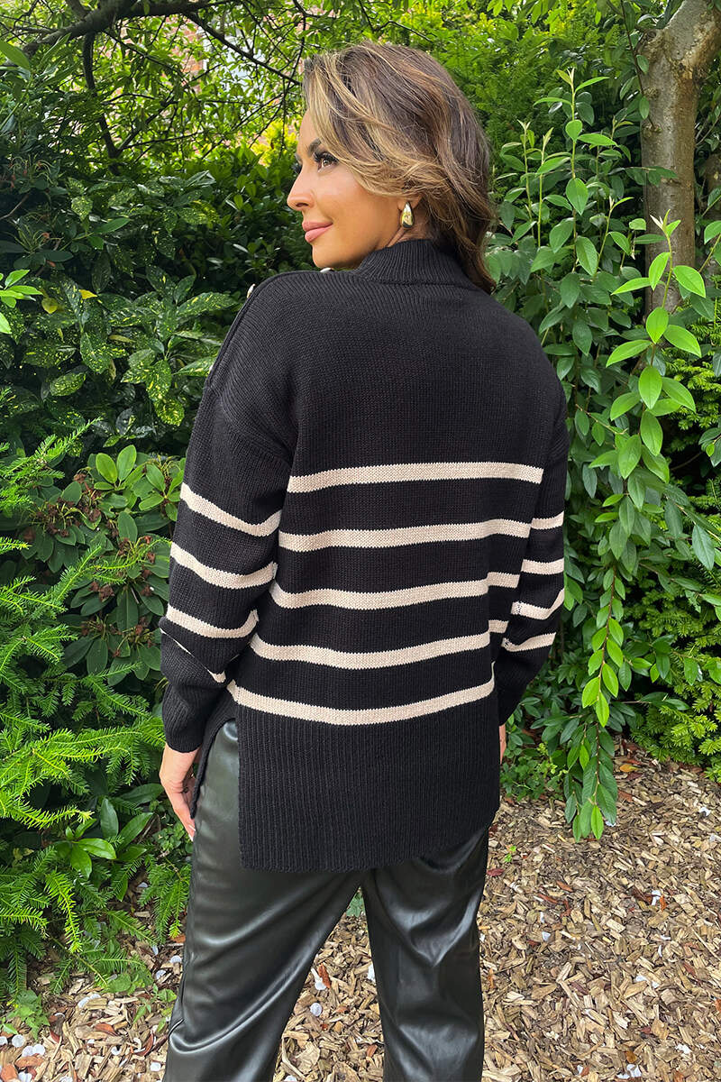 Argene | Women’s striped knit sweater with button shoulder detail