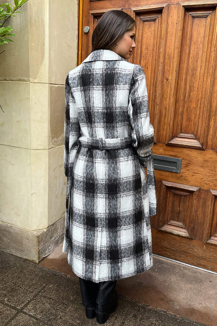 Heide | Women’s brushed check trench coat with tie belt and button fastening