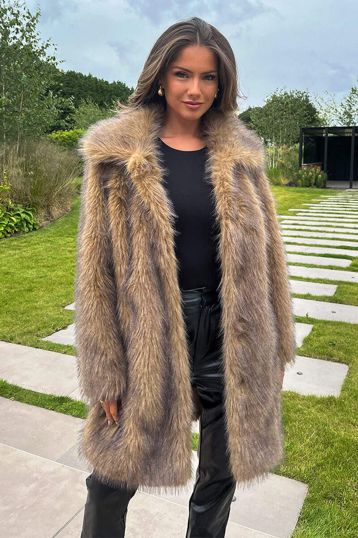 Sky | Women’s long faux fur coat with collar and snap front