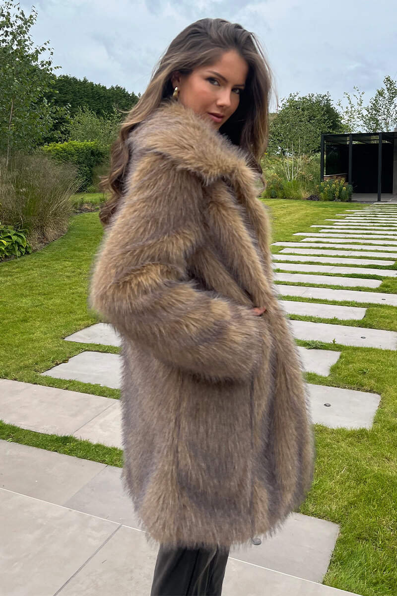 Sky | Women’s long faux fur coat with collar and snap front