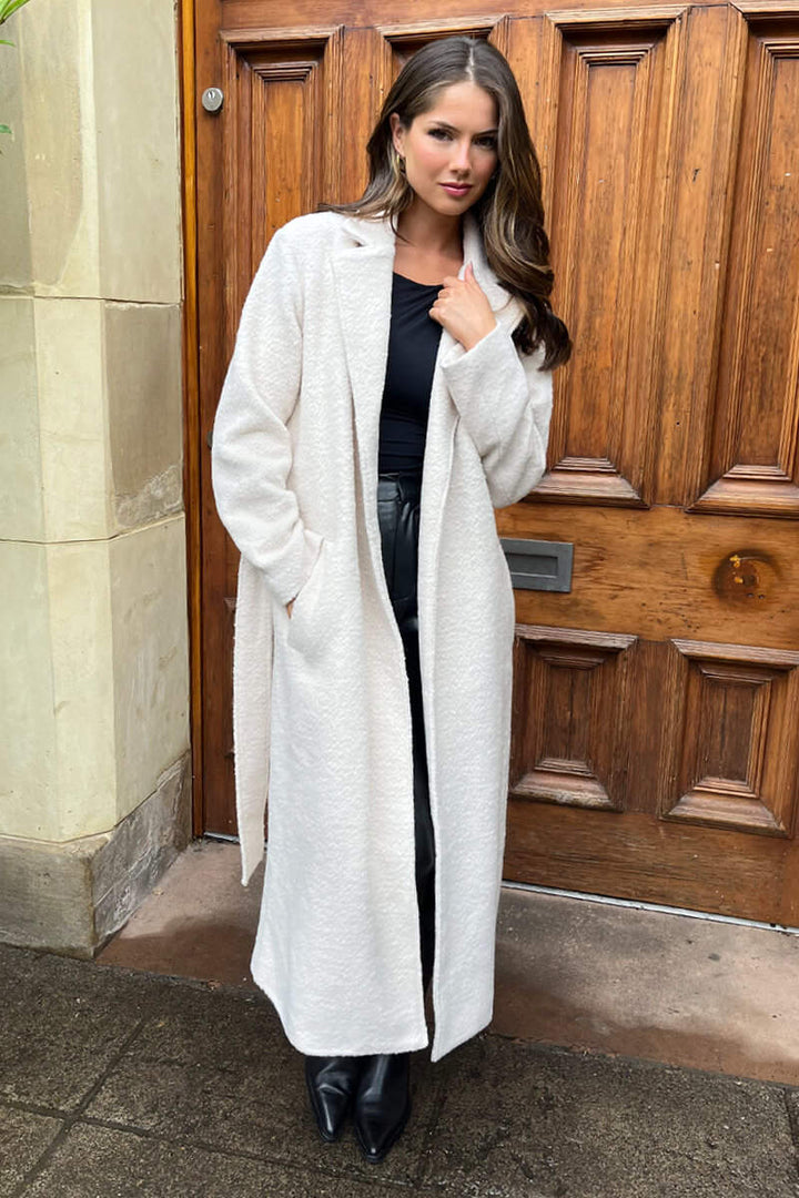 Rinalyn | Women’s longline trench coat with tie belt in boucle fabric