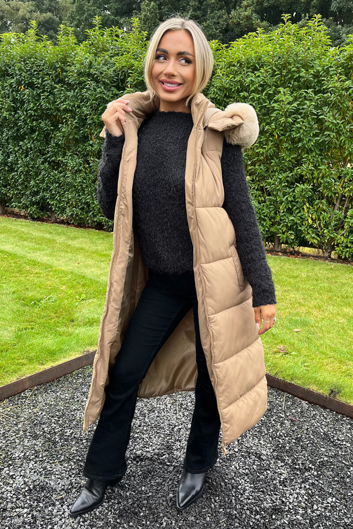 Lailah | Women’s longline padded vest with faux fur hood