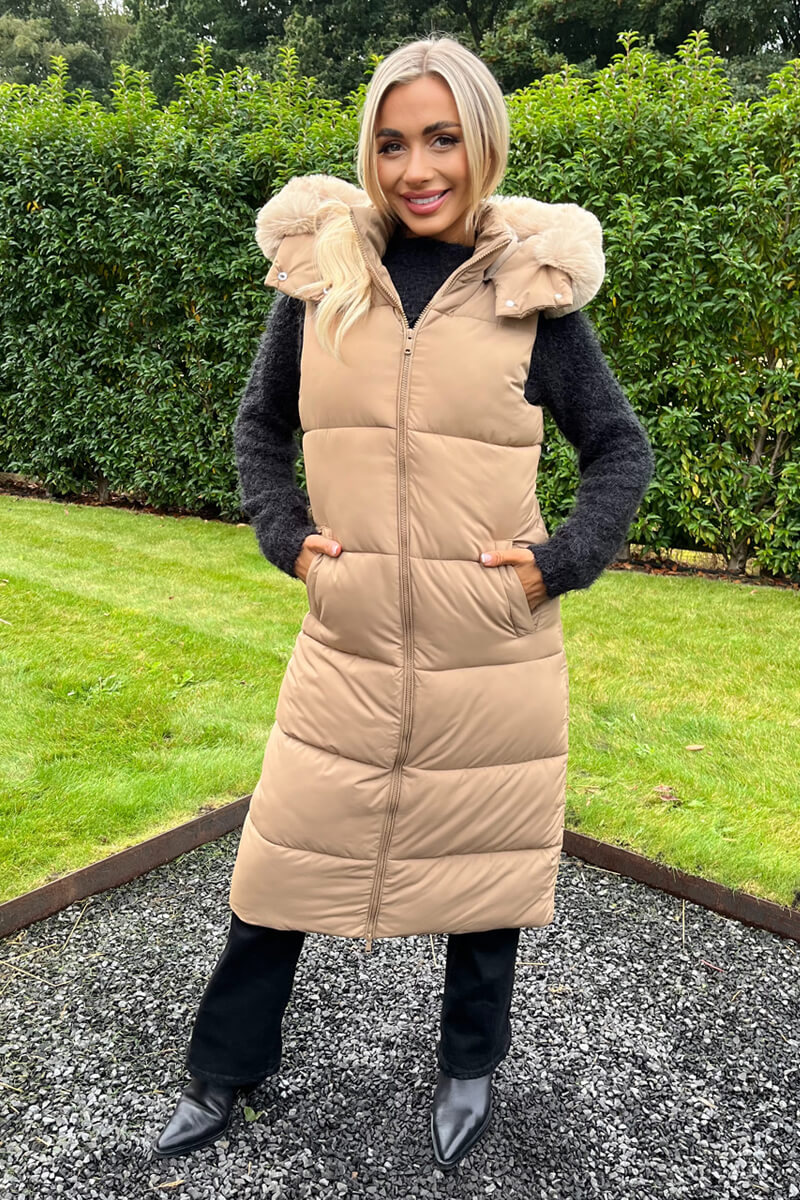 Lailah | Women’s longline padded vest with faux fur hood