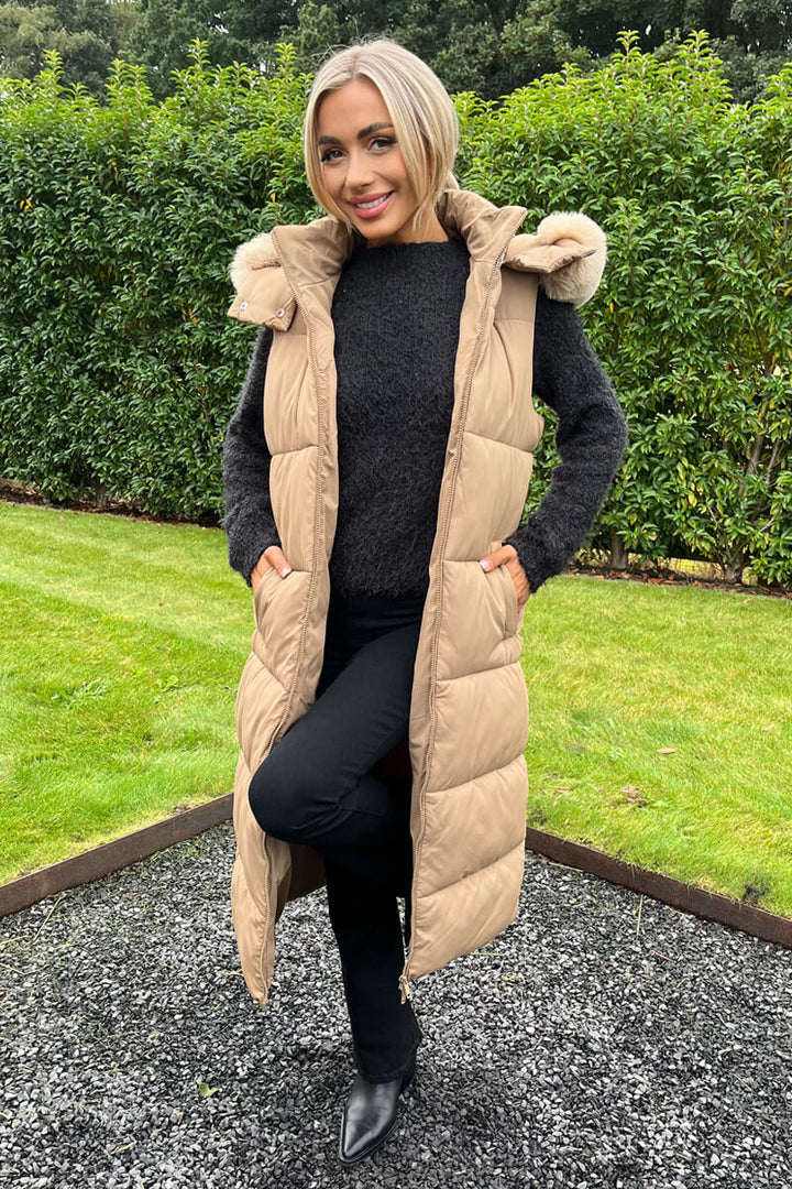 Lailah | Women’s longline padded vest with faux fur hood