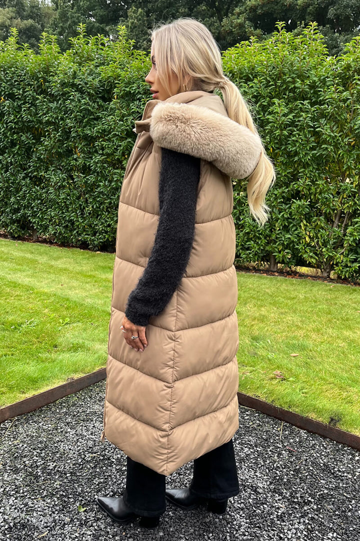 Lailah | Women’s longline padded vest with faux fur hood