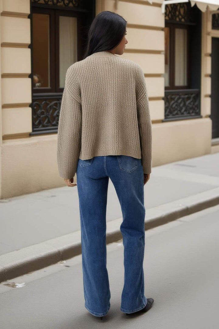 Veanne | Women’s knitted cardigan with gold button front and patch pockets