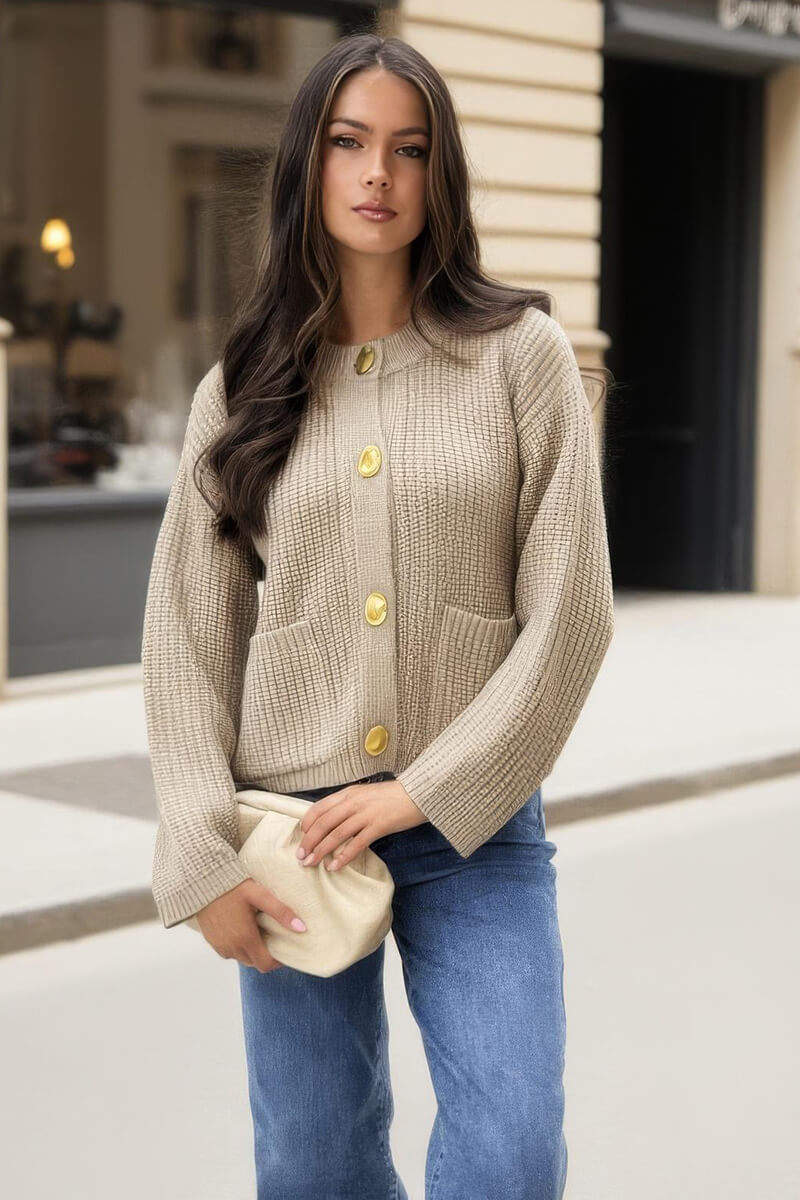 Veanne | Women’s knitted cardigan with gold button front and patch pockets