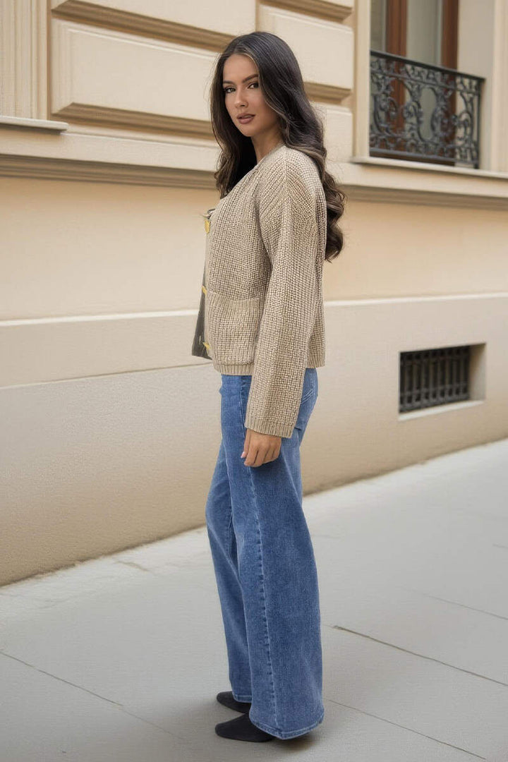 Veanne | Women’s knitted cardigan with gold button front and patch pockets
