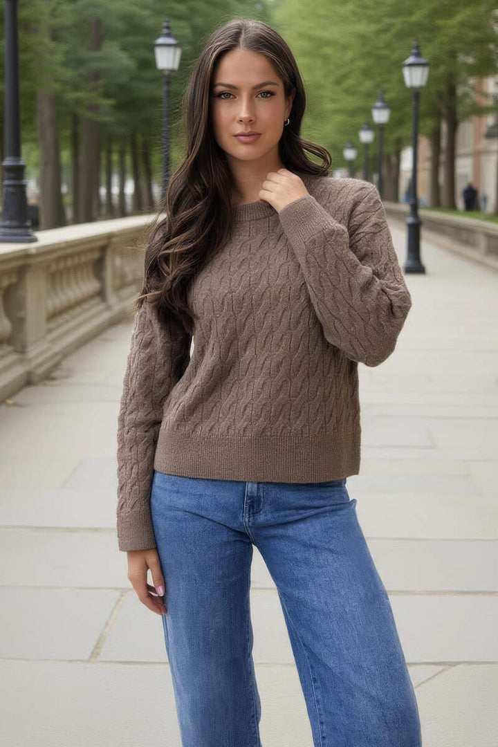 Shine | Women’s round neck cable knit sweater with ribbed detailing