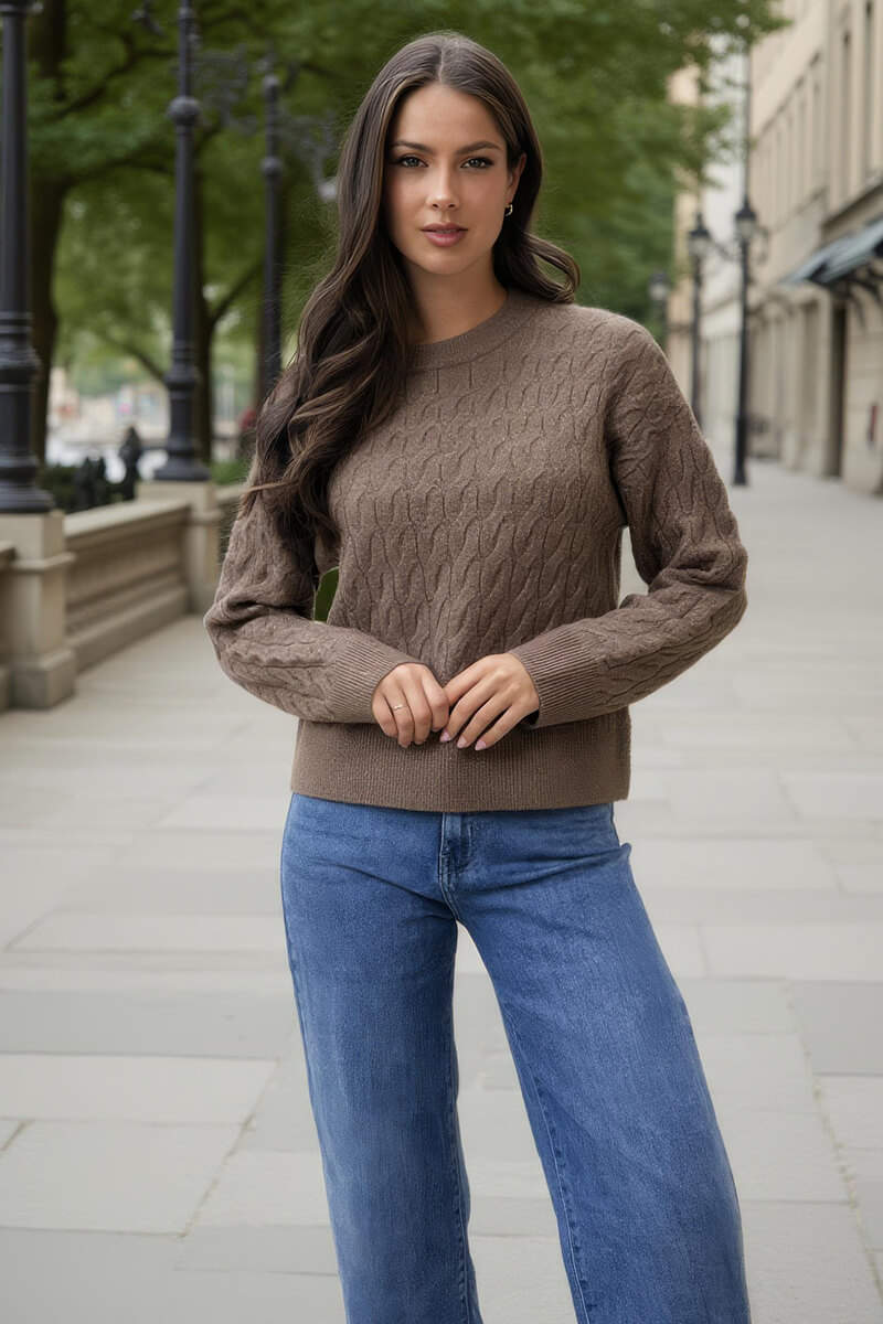 Shine | Women’s round neck cable knit sweater with ribbed detailing