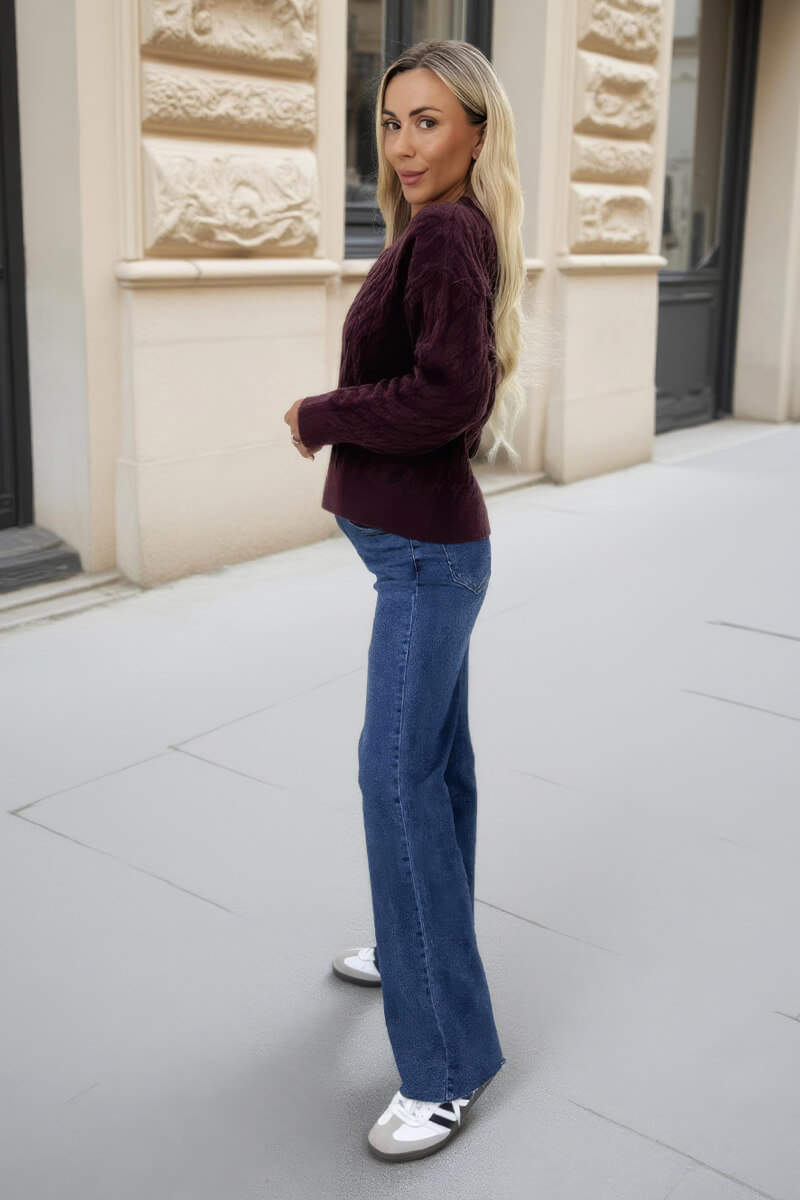 Sharlene | Women’s round neck cable knit sweater with ribbed cuffs and hem