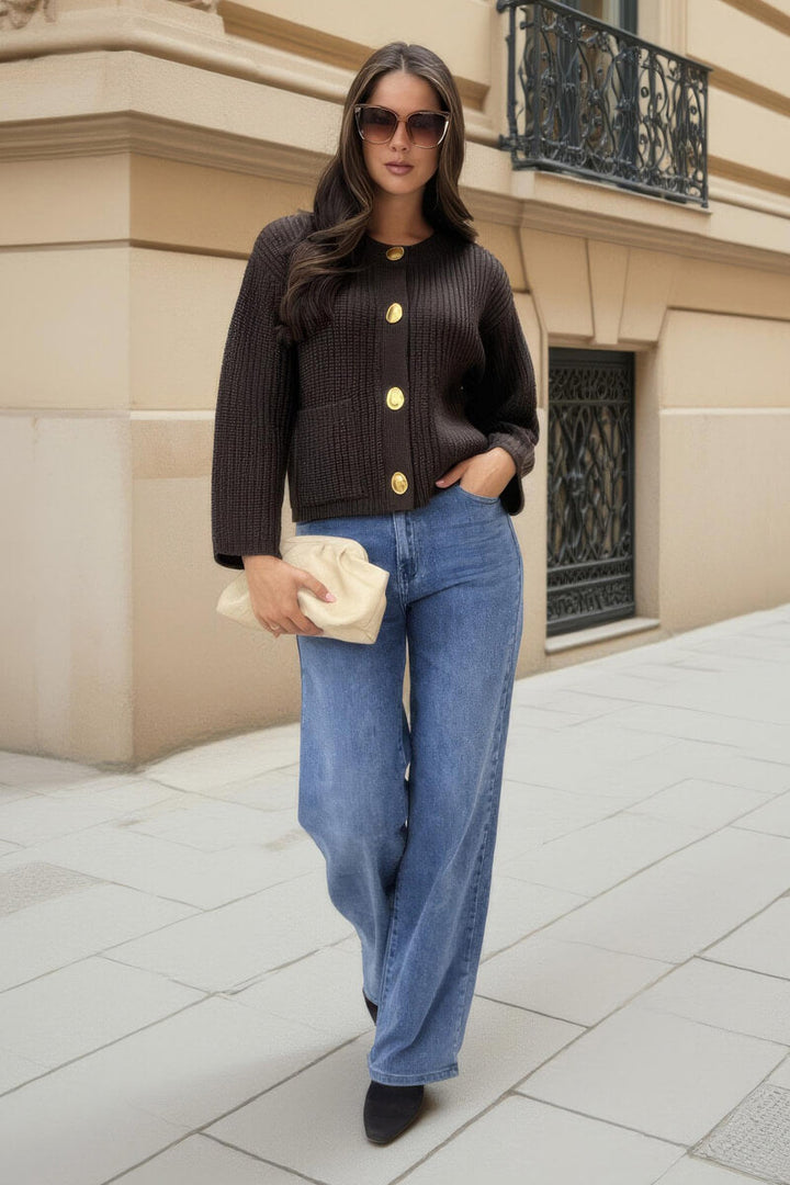 Maine | Women’s knitted cardigan with gold button front and patch pockets