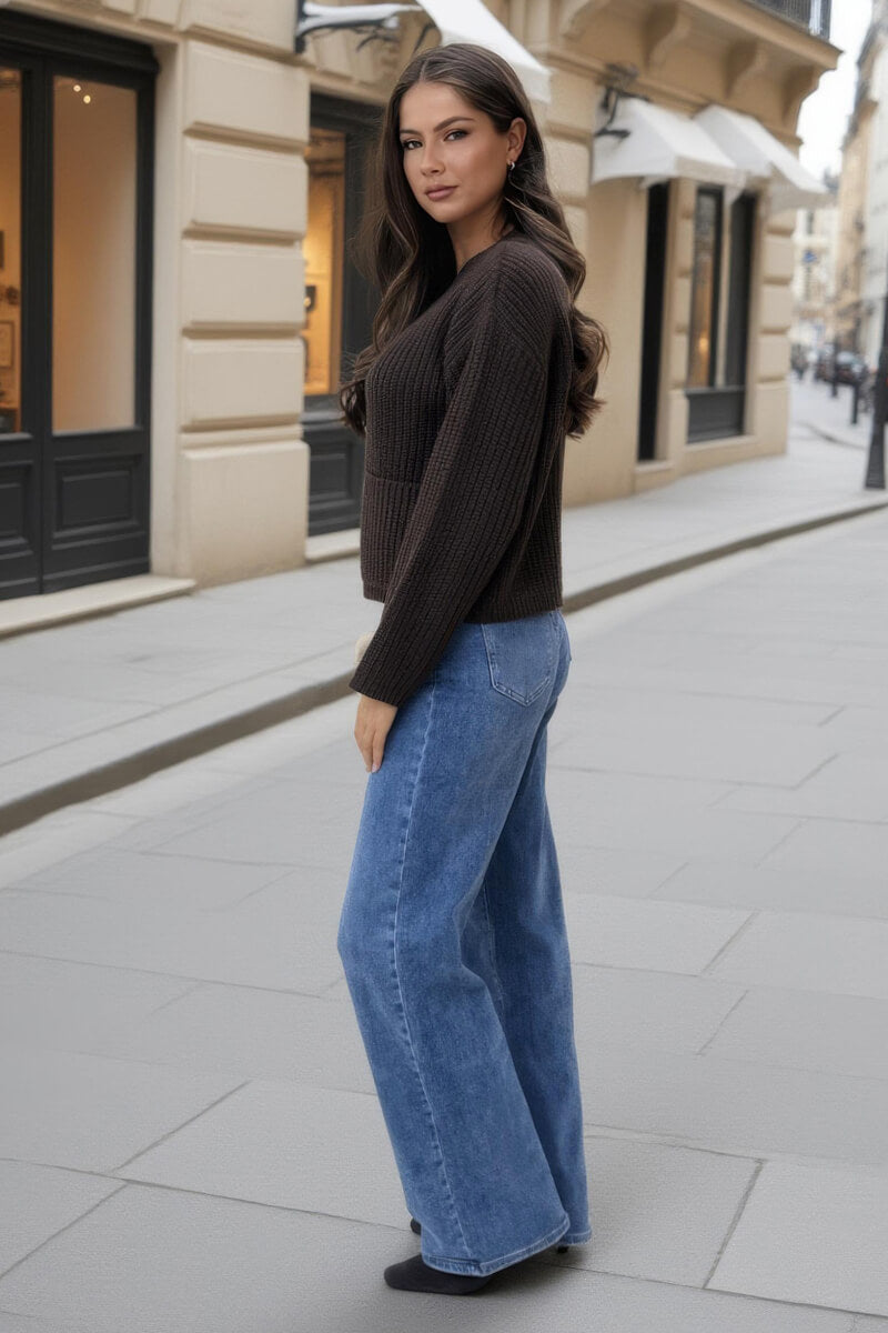 Maine | Women’s knitted cardigan with gold button front and patch pockets