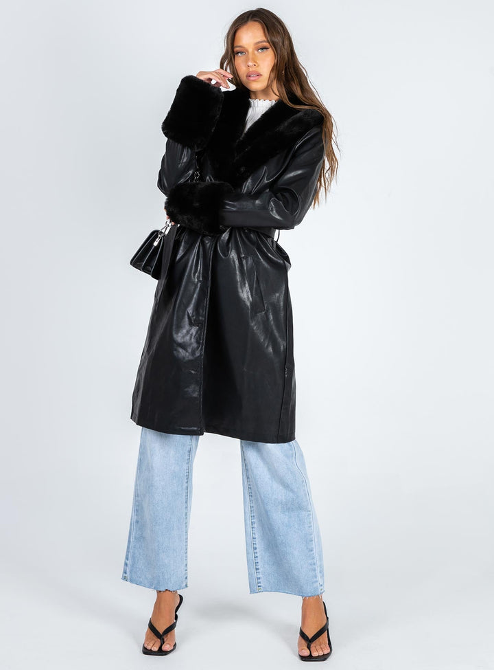 Kyla | Women’s long vegan leather coat with faux fur trim and waist belt