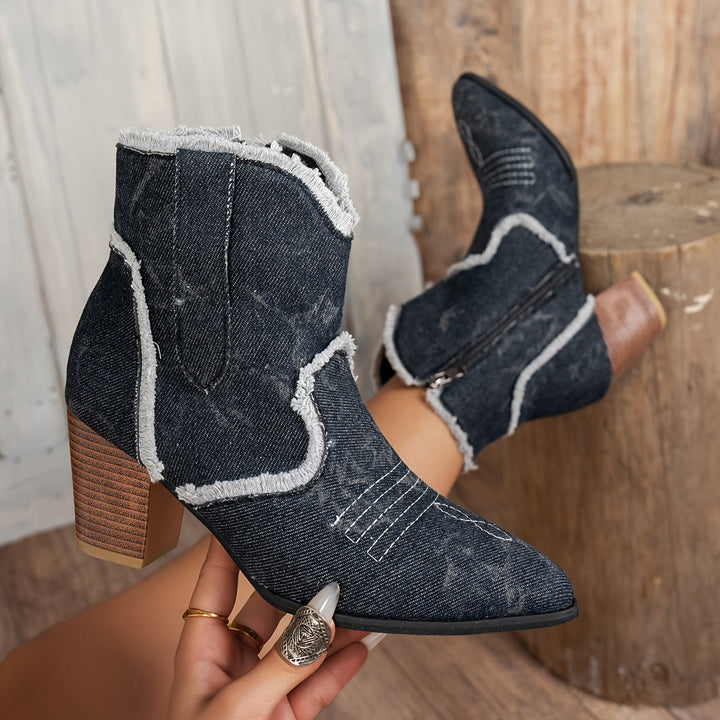 Gem | Women’s denim-style boots with pointed toe and block heel