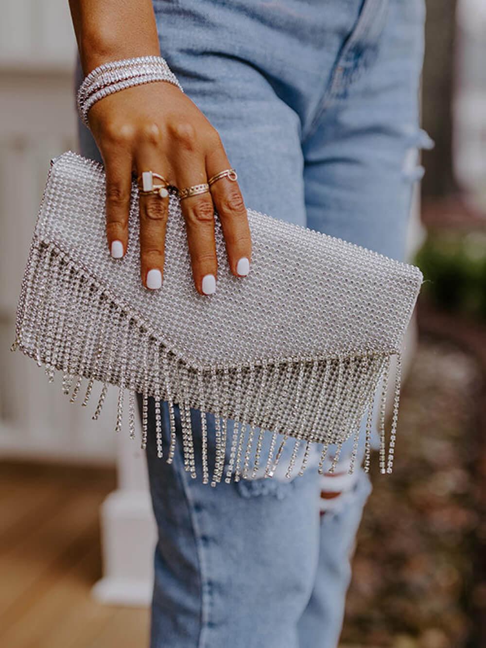 Susie | Women’s crystal beaded clutch bag with fringe detail