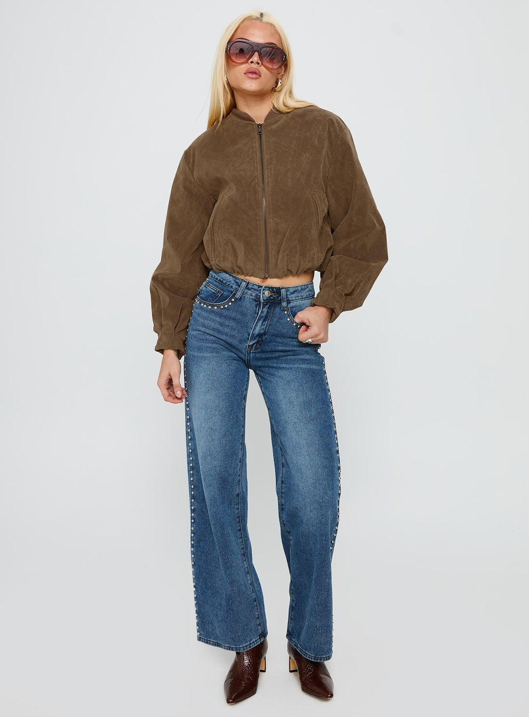Amanda | Women’s cropped faux suede bomber jacket with zip front and cuffed hem